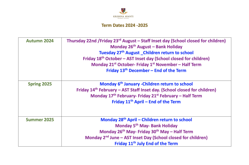 Term Dates Krishna Avanti Primary School, Leicester