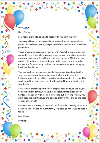 Mrs Bellare’s Farewell Note to Year 6 – Avanti House Primary School