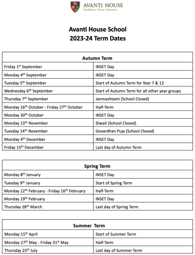 Term Dates – Avanti House Secondary School