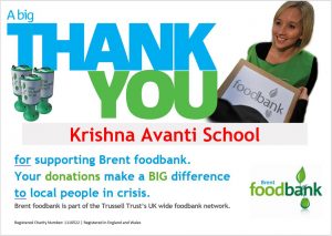 Thank you certificate from Brent food bank to KAPSH - January 2020