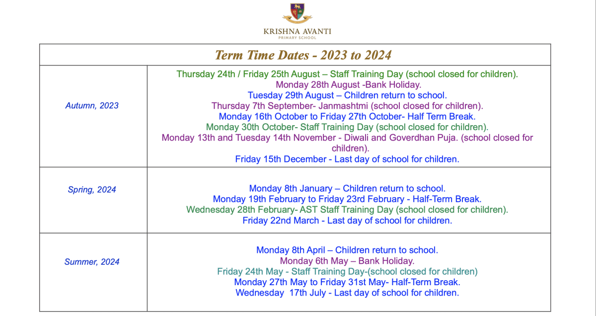 Term Dates Krishna Avanti Primary School, Leicester